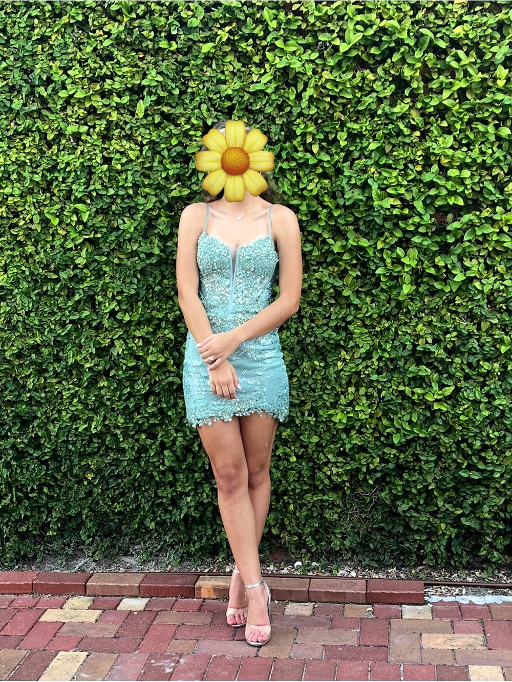 Amelia Couture Embellished Greenish/Teal Spaghetti-Strap Mini Dress